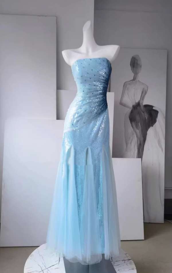 Vintage Strapless Light Blue Sequin Evening Gown Tulle Prom Dress DP7977