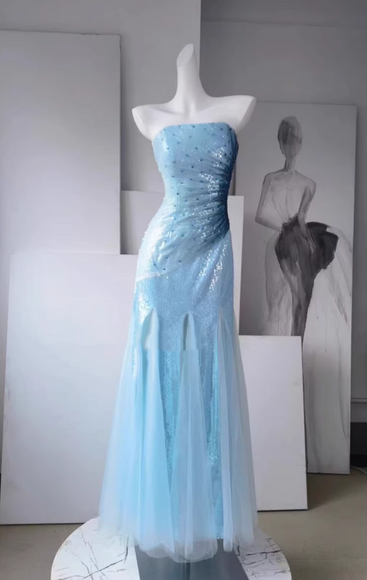 Robe de soirée vintage bustier bleu clair à sequins, en tulle, DP7977