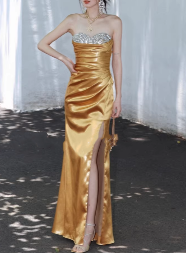 Vintage Strapless Gold Satin Ruched Evening Gown Beaded Prom Dress DP7978