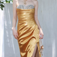 Vintage Strapless Gold Satin Ruched Evening Gown Beaded Prom Dress DP7978