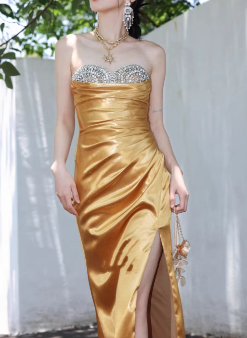 Vintage Strapless Gold Satin Ruched Evening Gown Beaded Prom Dress DP7978