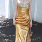 Vintage Strapless Gold Satin Ruched Evening Gown Beaded Prom Dress DP7978