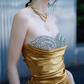 Vintage Strapless Gold Satin Ruched Evening Gown Beaded Prom Dress DP7978