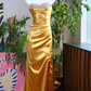 Vintage Strapless Gold Satin Ruched Evening Gown Beaded Prom Dress DP7978