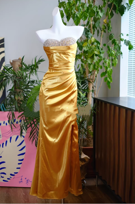 Vintage Strapless Gold Satin Ruched Evening Gown Beaded Prom Dress DP7978
