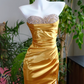 Vintage Strapless Gold Satin Ruched Evening Gown Beaded Prom Dress DP7978