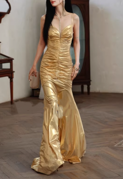 Luxury Gold Metallic Prom Dress Spaghetti Strap Ruched Sweetheart Evening Gown DP7980