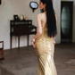 Luxury Gold Metallic Prom Dress Spaghetti Strap Ruched Sweetheart Evening Gown DP7980