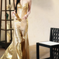 Luxury Gold Metallic Prom Dress Spaghetti Strap Ruched Sweetheart Evening Gown DP7980