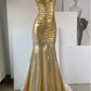 Luxury Gold Metallic Prom Dress Spaghetti Strap Ruched Sweetheart Evening Gown DP7980
