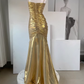 Luxury Gold Metallic Prom Dress Spaghetti Strap Ruched Sweetheart Evening Gown DP7980