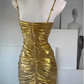 Luxury Gold Metallic Prom Dress Spaghetti Strap Ruched Sweetheart Evening Gown DP7980
