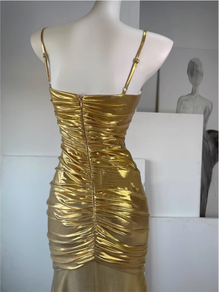 Luxury Gold Metallic Prom Dress Spaghetti Strap Ruched Sweetheart Evening Gown DP7980
