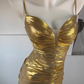 Luxury Gold Metallic Prom Dress Spaghetti Strap Ruched Sweetheart Evening Gown DP7980