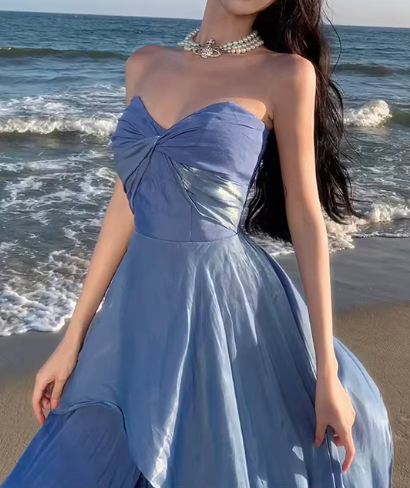 Luxury Elegant Blue Strapless Layered Evening Gown DP7981