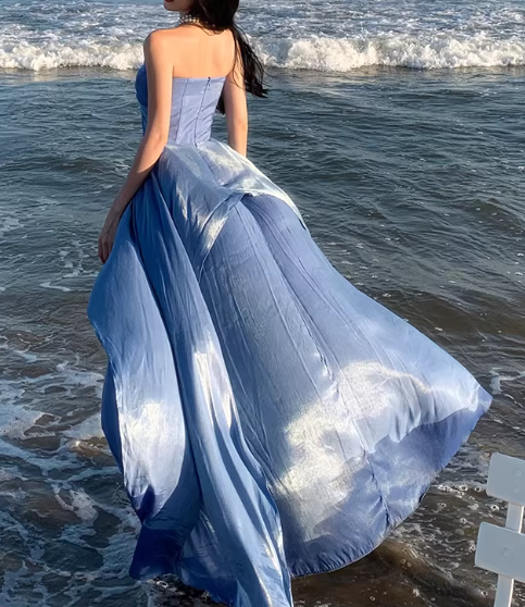 Luxury Elegant Blue Strapless Layered Evening Gown DP7981