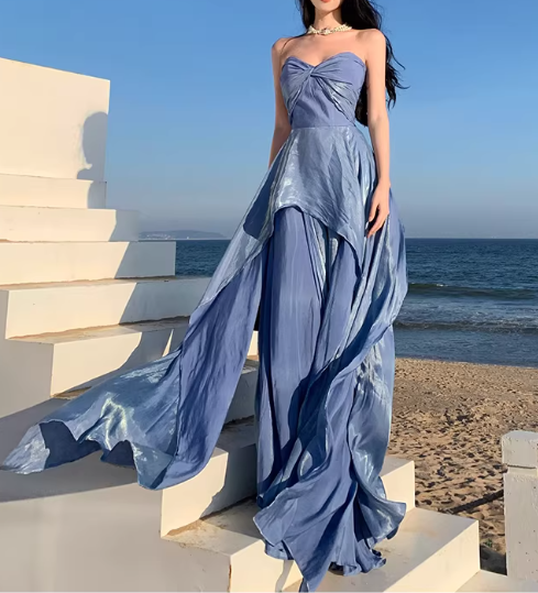Luxury Elegant Blue Strapless Layered Evening Gown DP7981