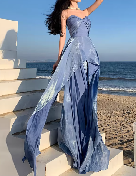 Luxury Elegant Blue Strapless Layered Evening Gown DP7981