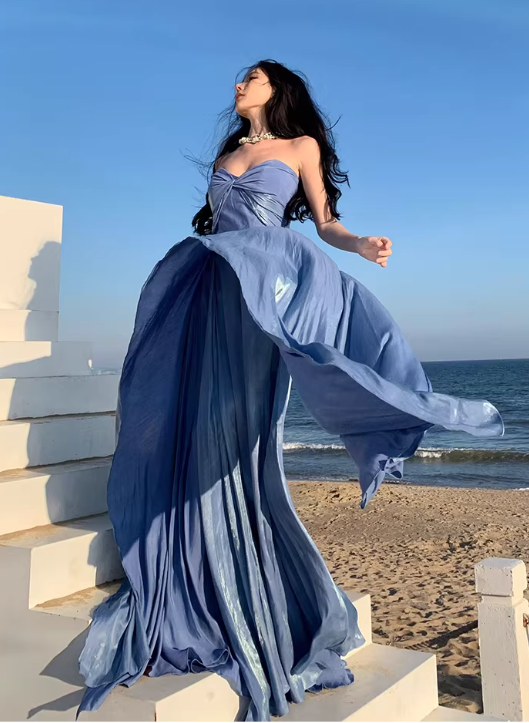 Luxury Elegant Blue Strapless Layered Evening Gown DP7981