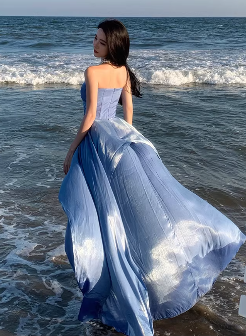 Luxury Elegant Blue Strapless Layered Evening Gown DP7981