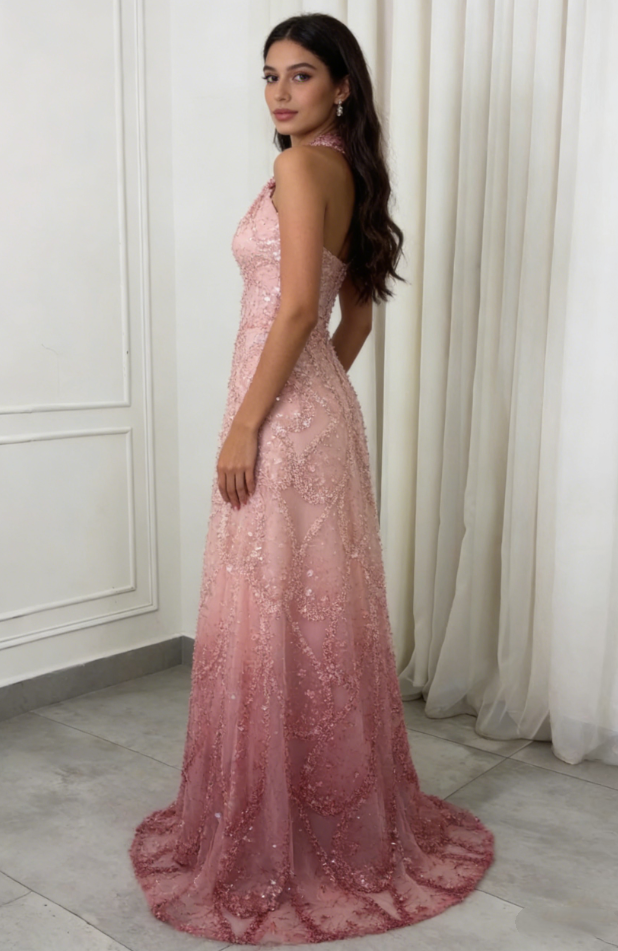 Vintage Pink Halter Neck Sequin A-Line Evening Gown DP7983