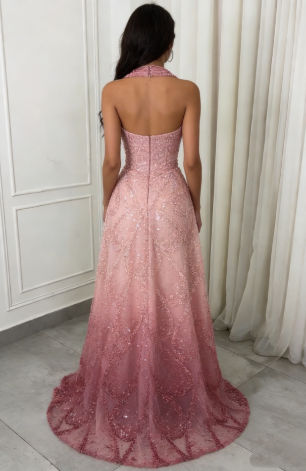 Vintage Pink Halter Neck Sequin A-Line Evening Gown DP7983