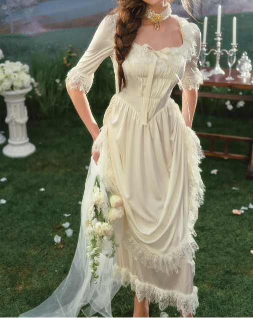 Dreamy Ivory Satin & Lace Half Sleeves A-Line Wedding Dress DP7986