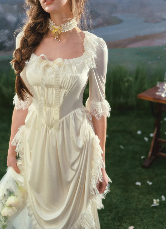 Dreamy Ivory Satin & Lace Half Sleeves A-Line Wedding Dress DP7986