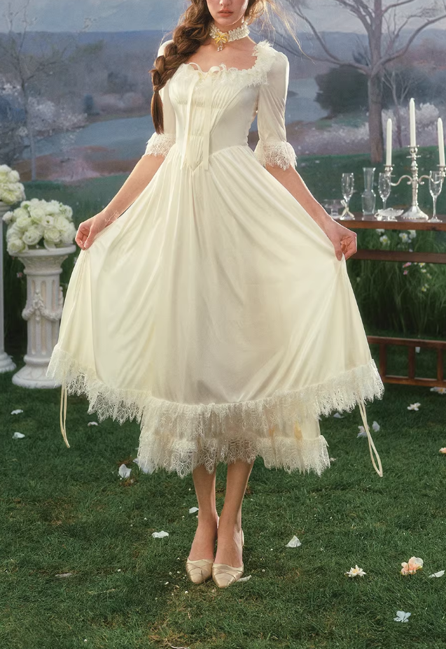 Dreamy Ivory Satin & Lace Half Sleeves A-Line Wedding Dress DP7986