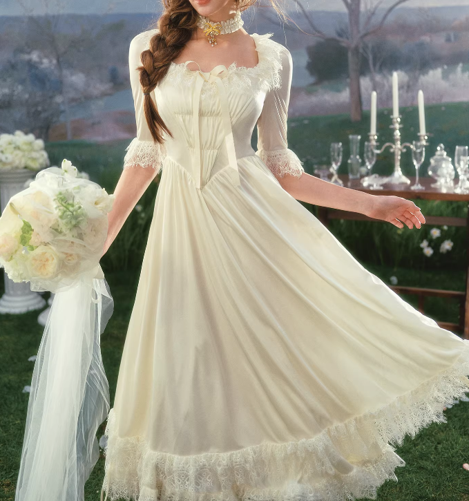 Dreamy Ivory Satin & Lace Half Sleeves A-Line Wedding Dress DP7986