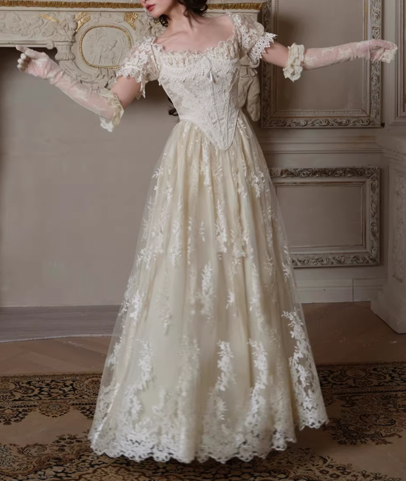 Vintage Lace Square Neck Bridal Gown Puff Sleeves A-Line Wedding Dress DP7987