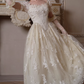Vintage Lace Square Neck Bridal Gown Puff Sleeves A-Line Wedding Dress DP7987