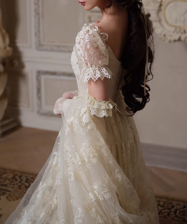 Vintage Lace Square Neck Bridal Gown Puff Sleeves A-Line Wedding Dress DP7987