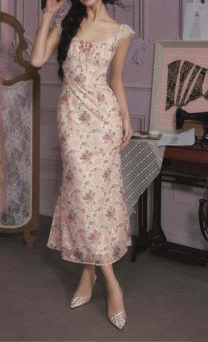 Vintage Pink Floral Lace Midi Prom Dress Square Neck Evening Gown DP7988