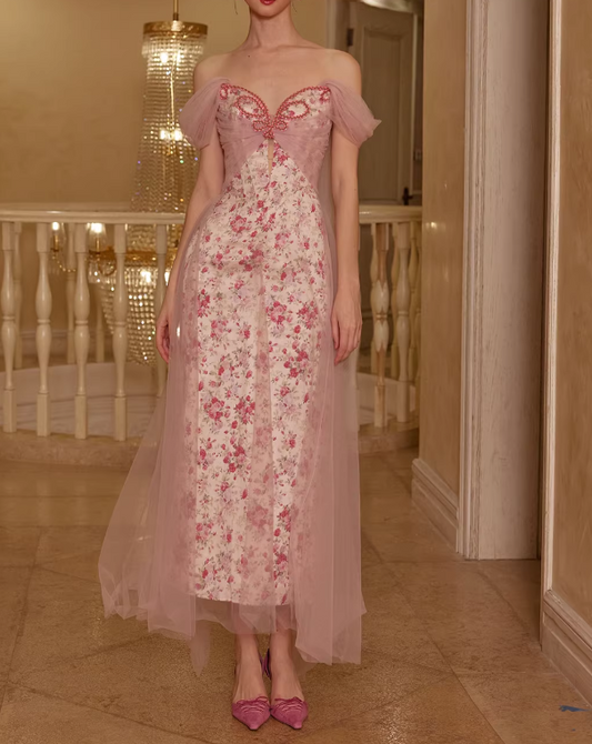 Vintage Off-the-Shoulder Sweetheart Pink Floral Prom Dress Beaded Tulle Evening Gown DP7989