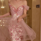 Vintage Off-the-Shoulder Sweetheart Pink Floral Prom Dress Beaded Tulle Evening Gown DP7989