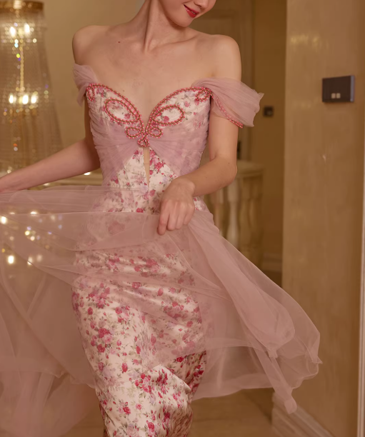 Vintage Off-the-Shoulder Sweetheart Pink Floral Prom Dress Beaded Tulle Evening Gown DP7989