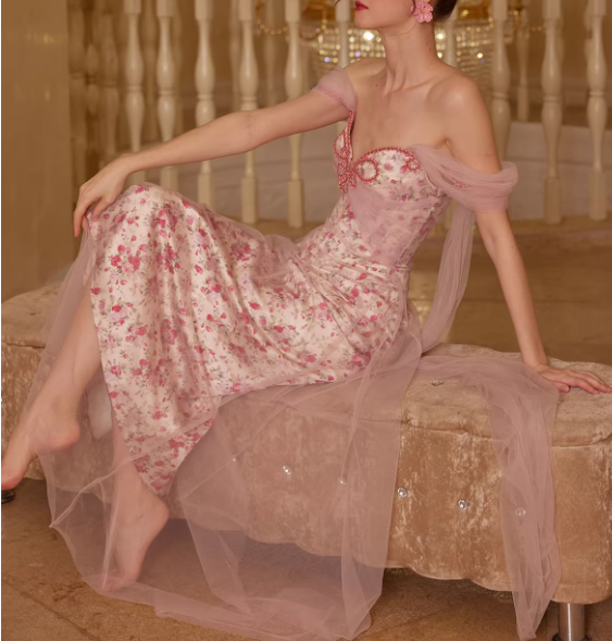 Vintage Off-the-Shoulder Sweetheart Pink Floral Prom Dress Beaded Tulle Evening Gown DP7989