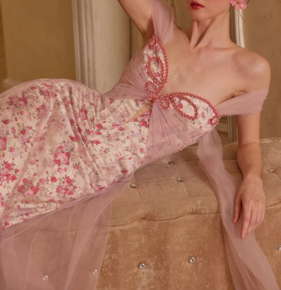 Vintage Off-the-Shoulder Sweetheart Pink Floral Prom Dress Beaded Tulle Evening Gown DP7989