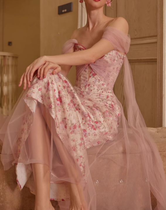 Vintage Off-the-Shoulder Sweetheart Pink Floral Prom Dress Beaded Tulle Evening Gown DP7989