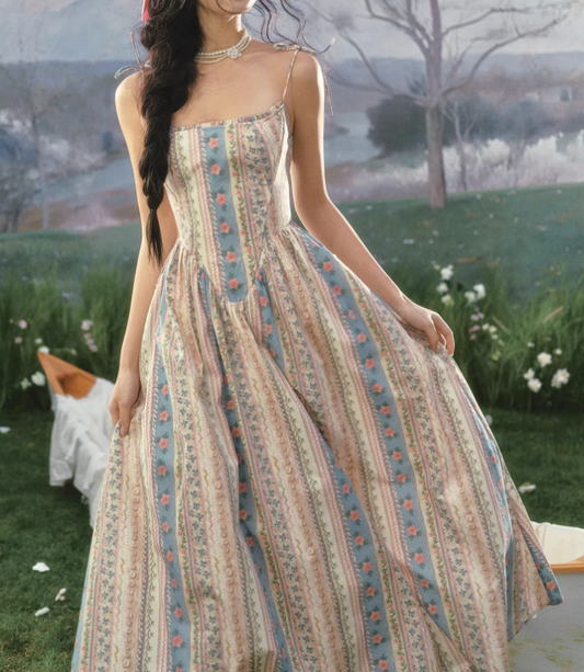 Vintage Pastoral Floral Stripe Maxi Prom Dress Spaghetti Straps Evening Gown DP7990
