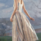 Vintage Pastoral Floral Stripe Maxi Prom Dress Spaghetti Straps Evening Gown DP7990
