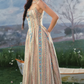 Vintage Pastoral Floral Stripe Maxi Prom Dress Spaghetti Straps Evening Gown DP7990