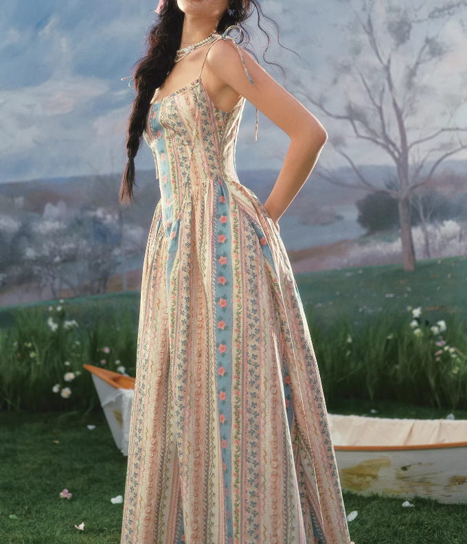 Vintage Pastoral Floral Stripe Maxi Prom Dress Spaghetti Straps Evening Gown DP7990