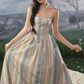 Vintage Pastoral Floral Stripe Maxi Prom Dress Spaghetti Straps Evening Gown DP7990
