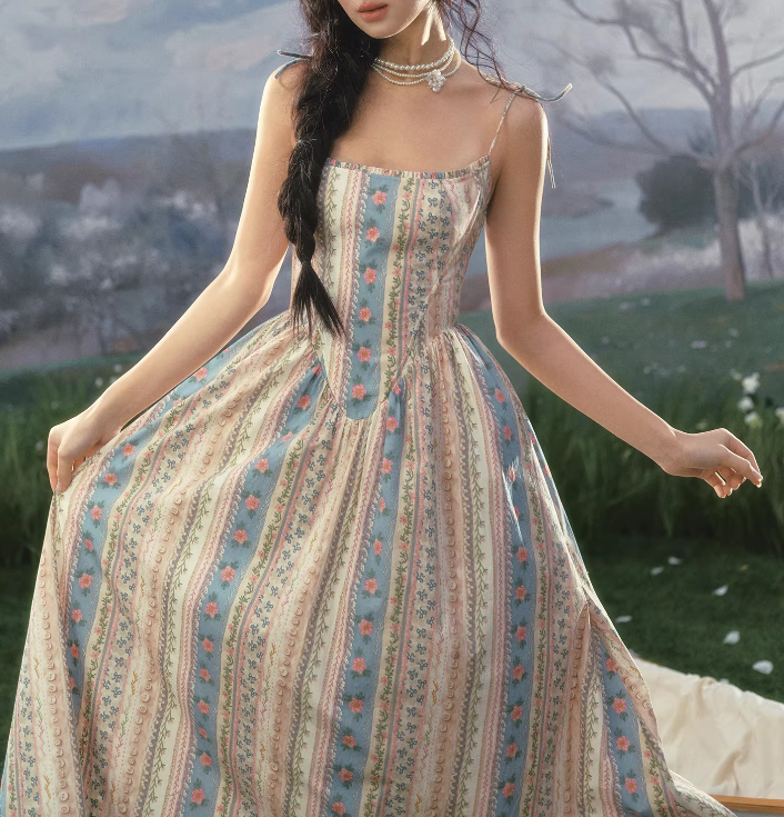 Vintage Pastoral Floral Stripe Maxi Prom Dress Spaghetti Straps Evening Gown DP7990