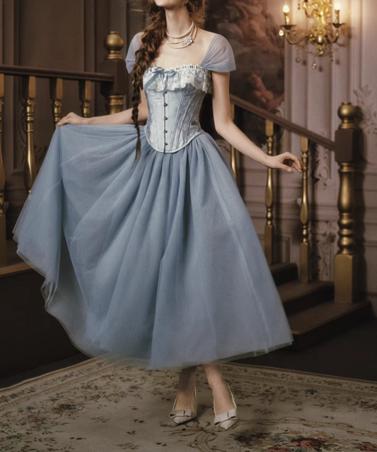 Vintage Inspired Blue Tulle Corset Bodice Prom Dress Sheer Puff Sleeves Evening Gown DP7991