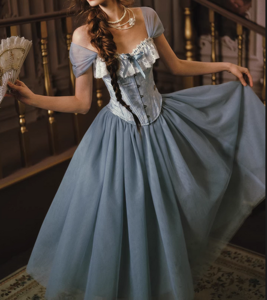 Vintage Inspired Blue Tulle Corset Bodice Prom Dress Sheer Puff Sleeves Evening Gown DP7991