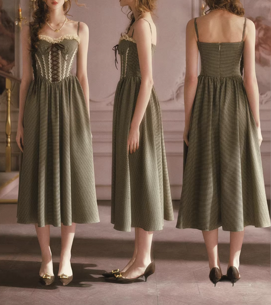 Vintage Green Lace Up Bodice Ruffled Hem Prom Dress Sweetheart Spaghetti Strap Evening Gown DP7992