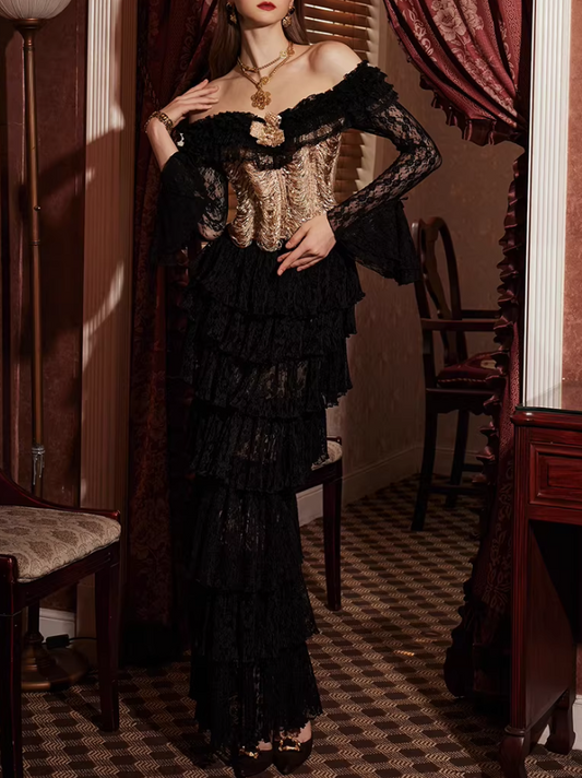 Elegant Black and Gold Lace Prom Dress Off-Shoulder Tiered Ruffle Evening Gown DP7993